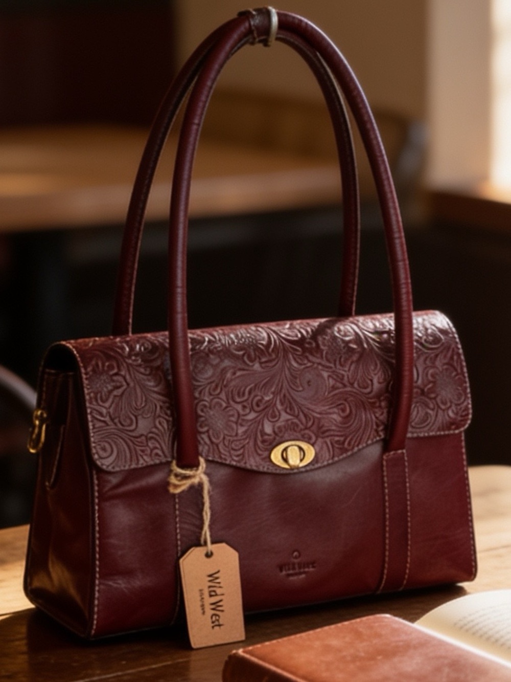 Wild West Dark cherry brown Hand tooled floral leather,turn lock,gold,plaid